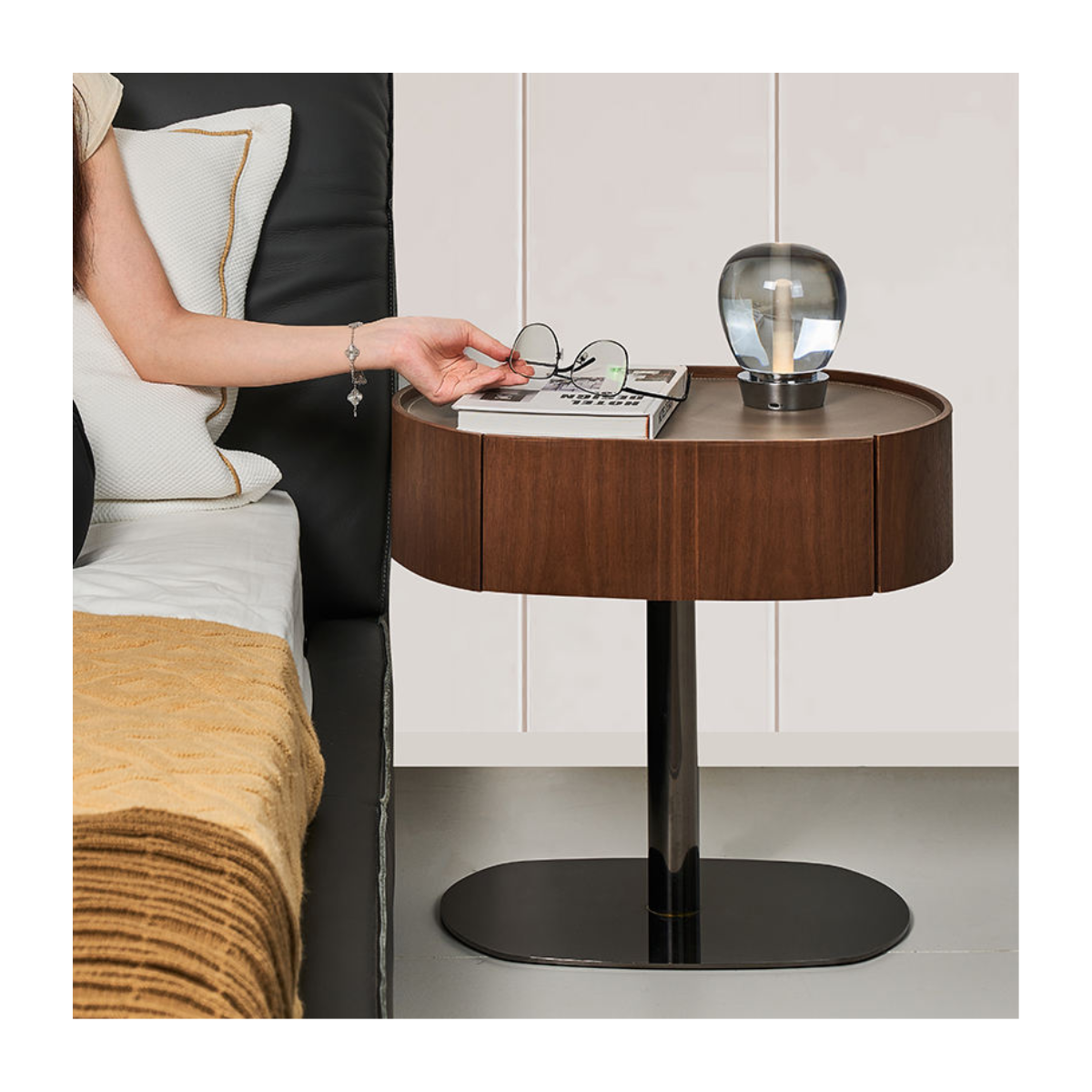 Walnut Tray-Top Pedestal Nightstand